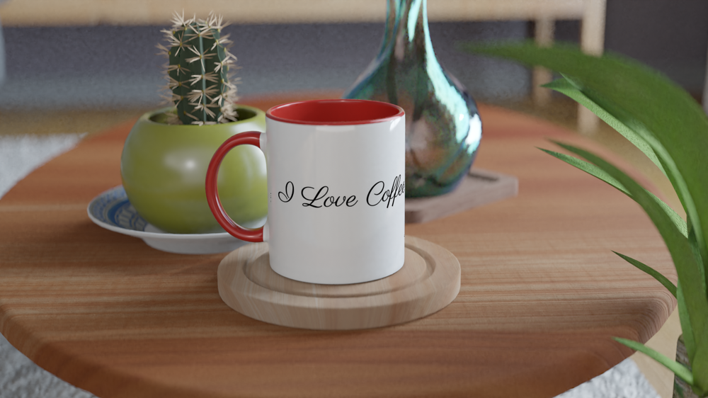 White 11oz Ceramic Mug with Color Inside (Red) - I Love Coffee