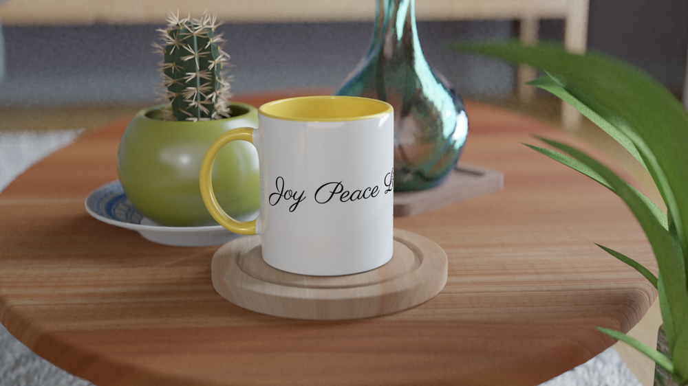 White 11oz Ceramic Mug with Color Inside (Yellow) - Joy Peace Love