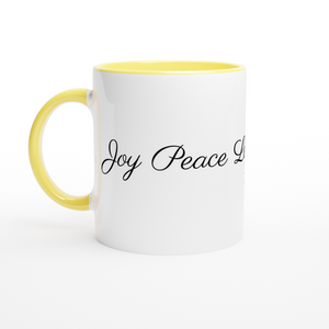 White 11oz Ceramic Mug with Color Inside (Yellow) - Joy Peace Love